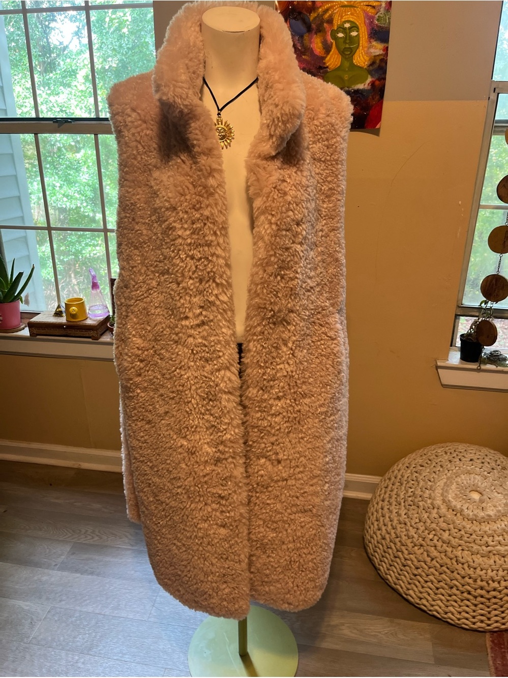Plush Sleeveless Faux Shearling Long Vest - Blush Pink